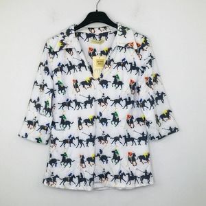 Michelle Parisou M Popover Shirt White Horse Polo Jockey 3/4 Sleeve NWT CL17